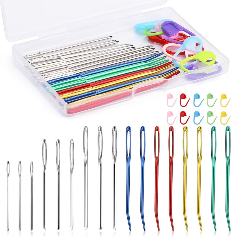 Kogyxe 17 Pcs Steel Sewing Needles Kit, Stainless Steel Sewing Needles with Mix Color Stitch Markers, Weaving Needle Bent Tip Tapestry Needles Darning Knitting Sewing Needles for Knitting Crochet - Image 1